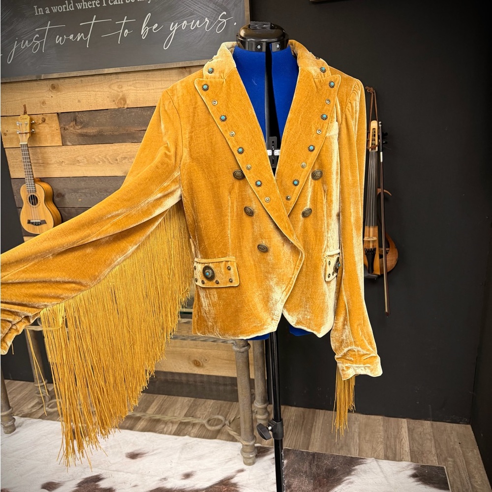 Custom Velvet Double Breasted Gold Blazer - Picture 2 of 10